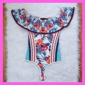 Akira Off Shoulder Ruffle Bodysuit Top Beach Summer Exotic Floral Print - S